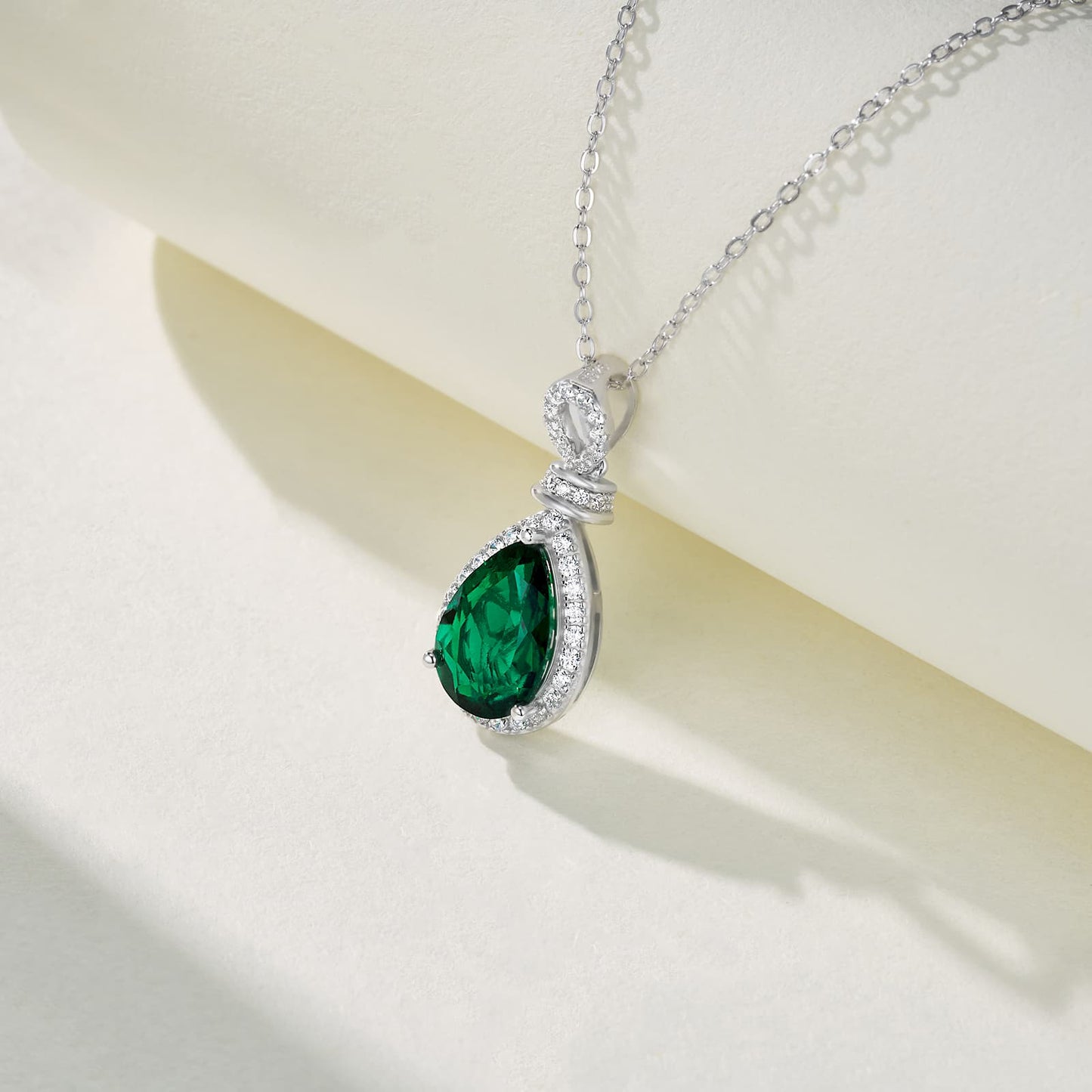 8*12mm 3.2 Ct Pear Shaped Lab Emerald Necklace | Rhodium-Plated S925 Silver, Custom Available