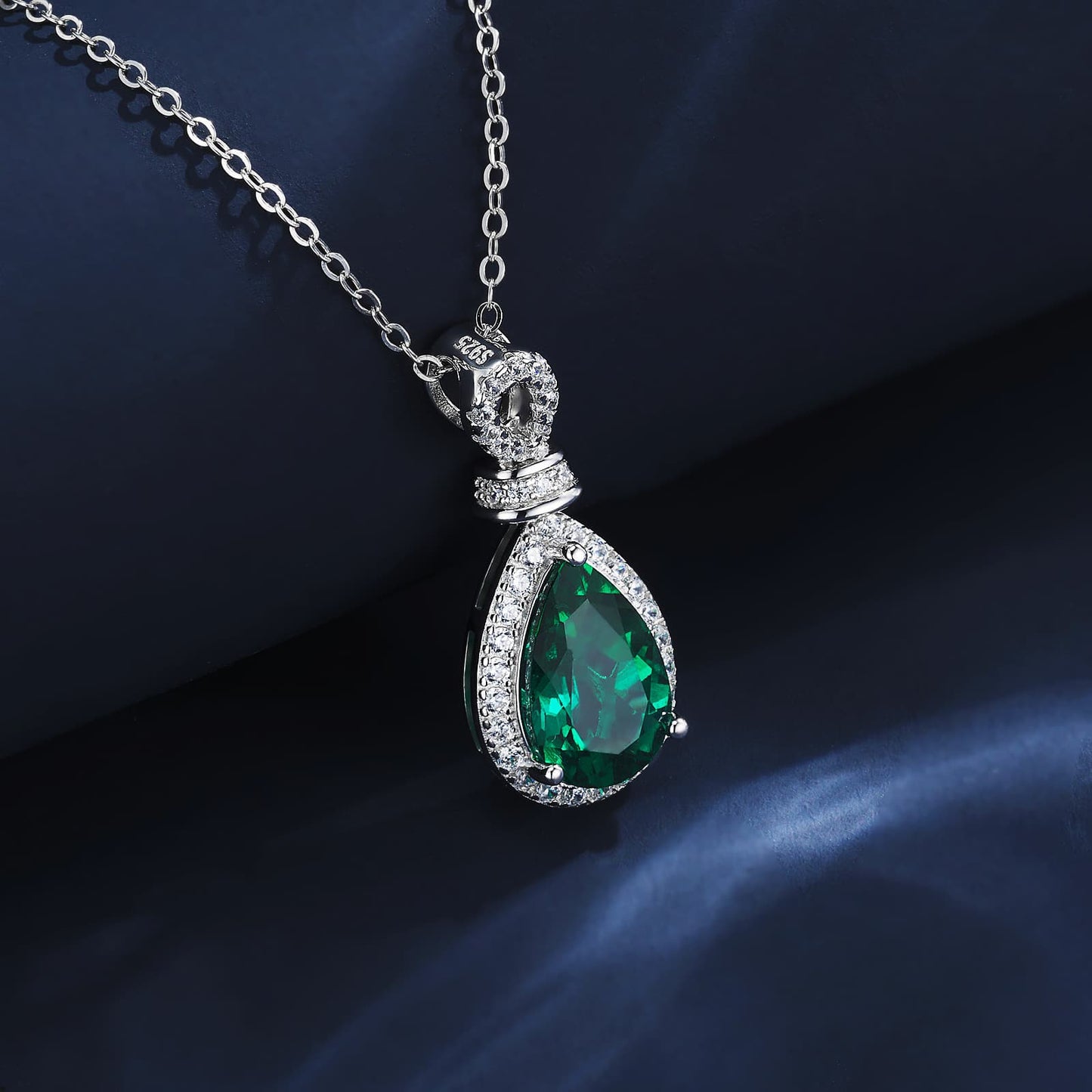 8*12mm 3.2 Ct Pear Shaped Lab Emerald Necklace | Rhodium-Plated S925 Silver, Custom Available