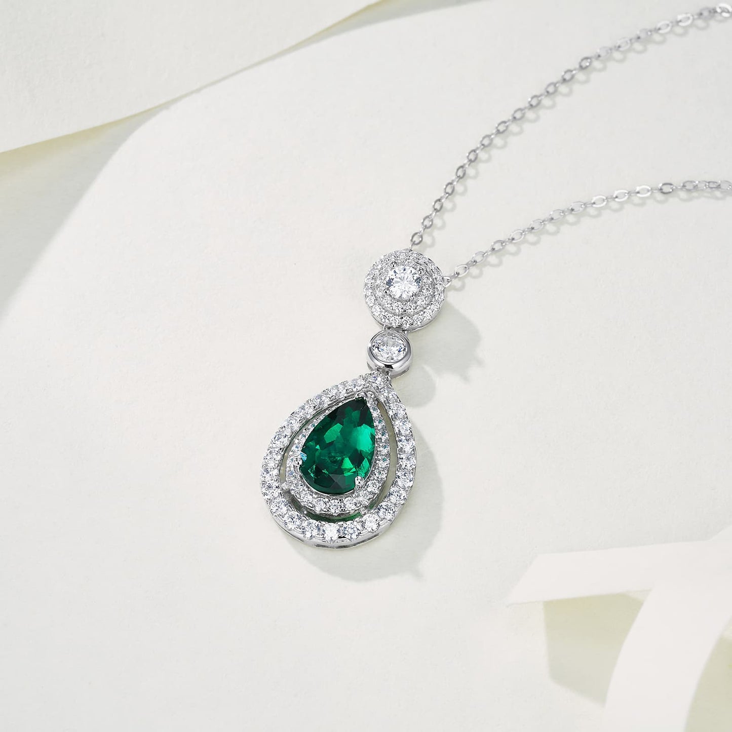 7*11 mm 1.73 Ct Pear Shaped Lab Emerald Necklace | Rhodium-Plated S925 Silver, Custom Available