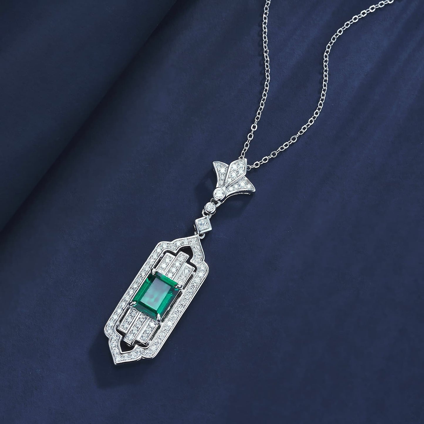 7*9mm 1.7 Ct Rectangular Lab Emerald Necklace| Rhodium-Plated S925 Silver, Custom Available