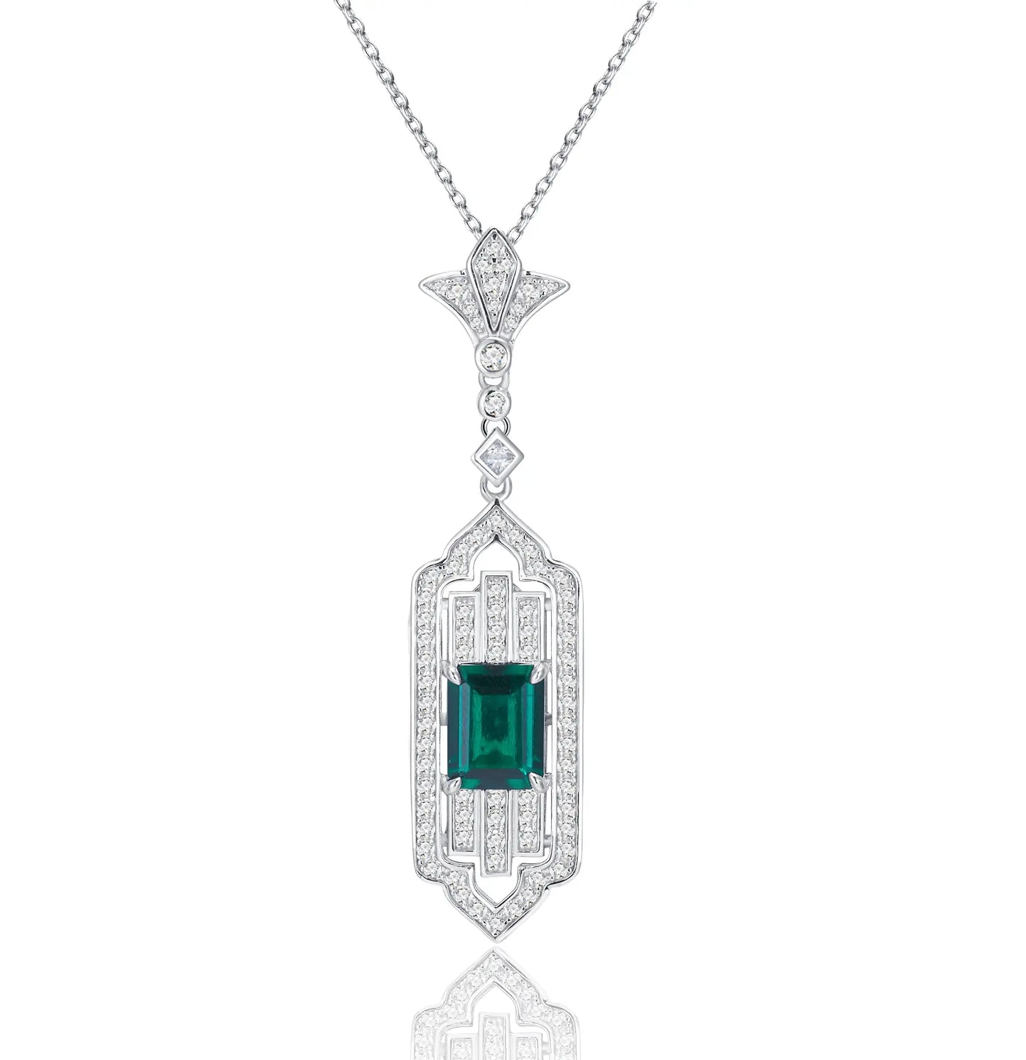 7*9mm 1.7 Ct Rectangular Lab Emerald Necklace| Rhodium-Plated S925 Silver, Custom Available