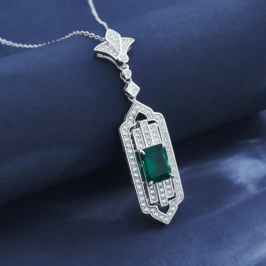 7*9mm 1.7 Ct Rectangular Lab Emerald Necklace| Rhodium-Plated S925 Silver, Custom Available