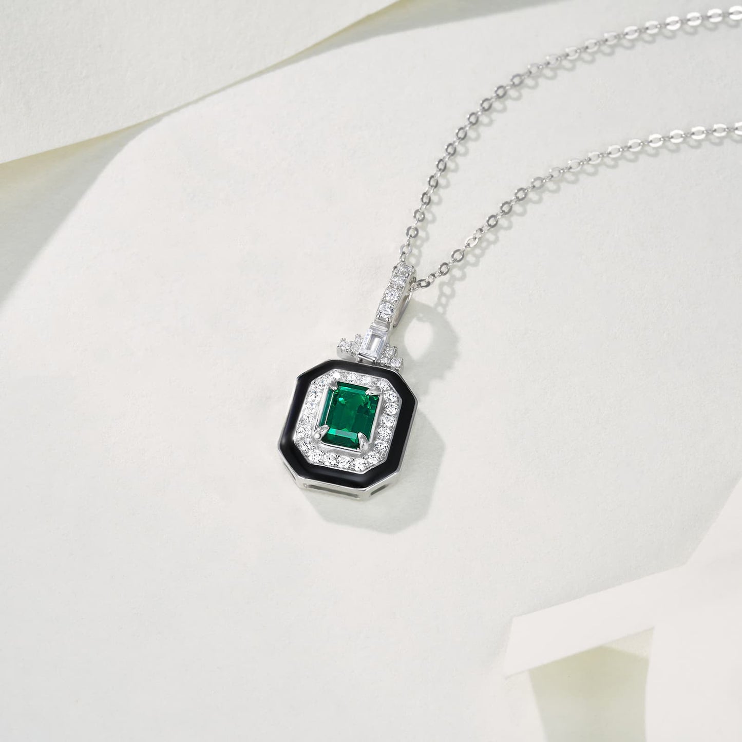 5*7mm 0.8 Ct Rectangular Lab Emerald Necklace | Rhodium-Plated S925 Silver, Custom Available
