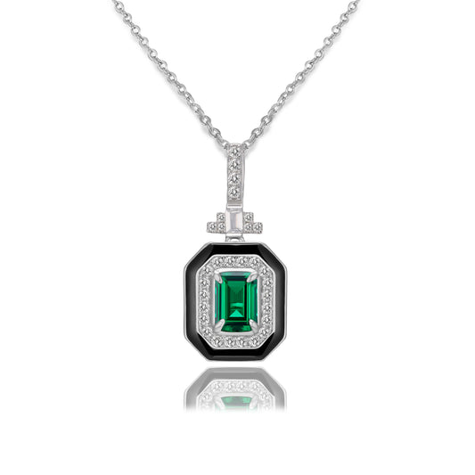 5*7mm 0.8 Ct Rectangular Lab Emerald Necklace | Rhodium-Plated S925 Silver, Custom Available
