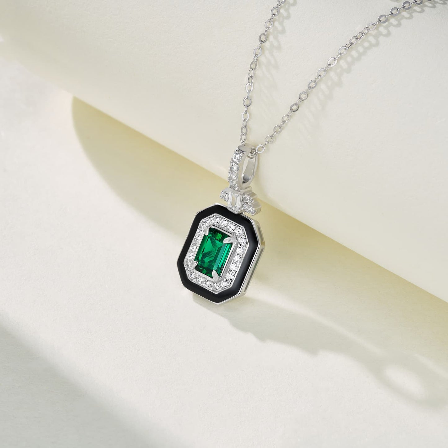 5*7mm 0.8 Ct Rectangular Lab Emerald Necklace | Rhodium-Plated S925 Silver, Custom Available