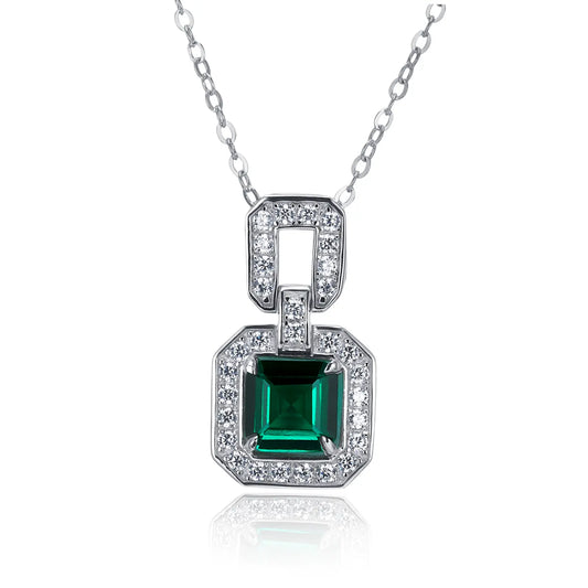 6*6mm 1.1 Ct Square Lab Emerald Necklace | Rhodium-Plated S925 Silver, Custom Available