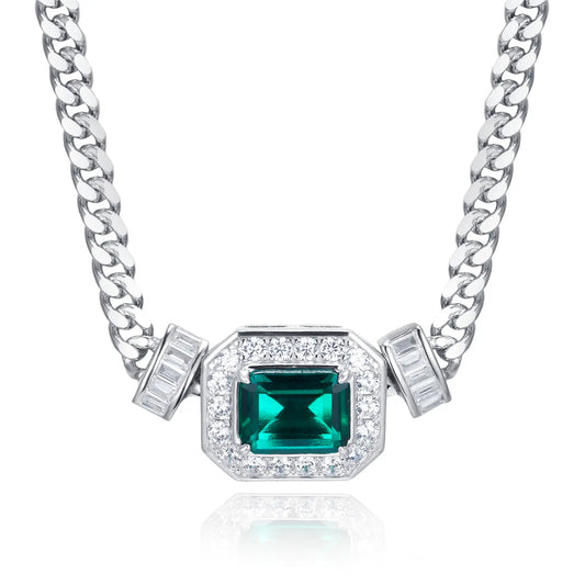 7*9mm 1.83 Ct Rectangle  Lab Emerald Set| Rhodium-Plated S925 Silver, Custom Available