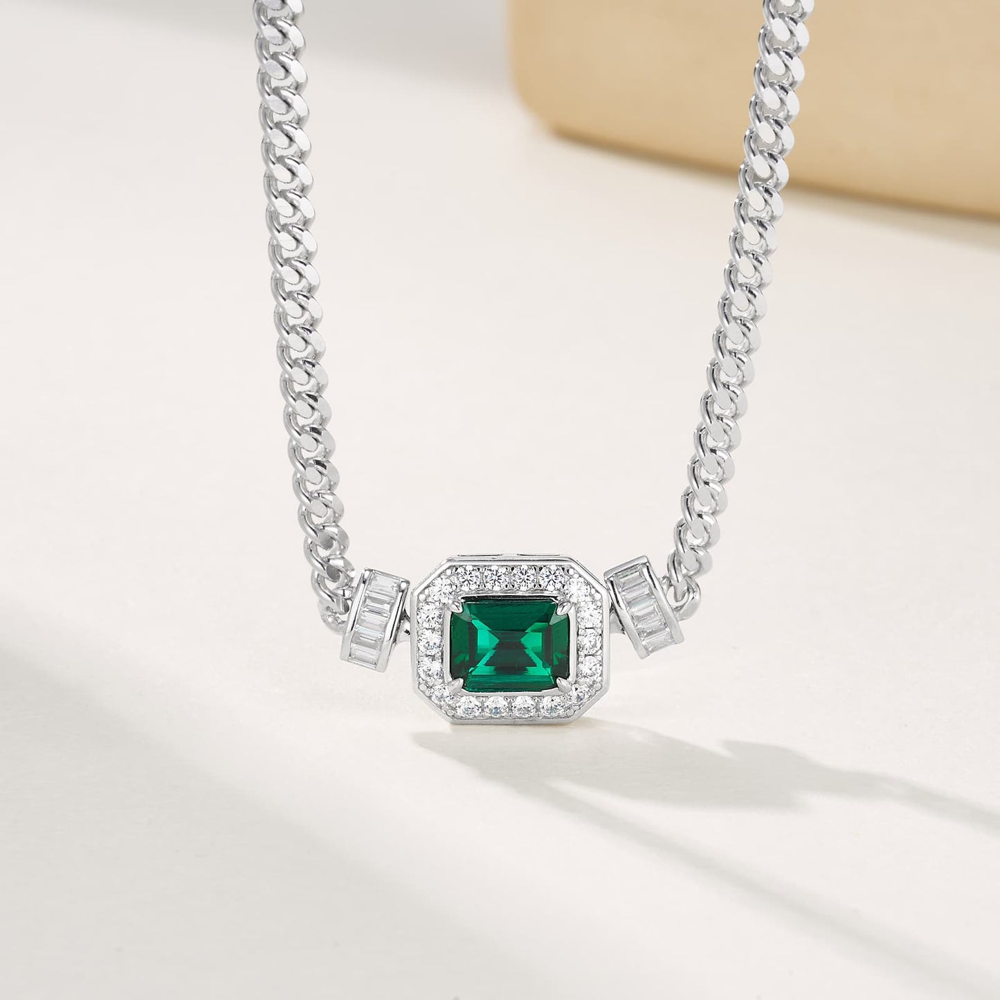 7*9mm 1.83 Ct Rectangle  Lab Emerald Set| Rhodium-Plated S925 Silver, Custom Available