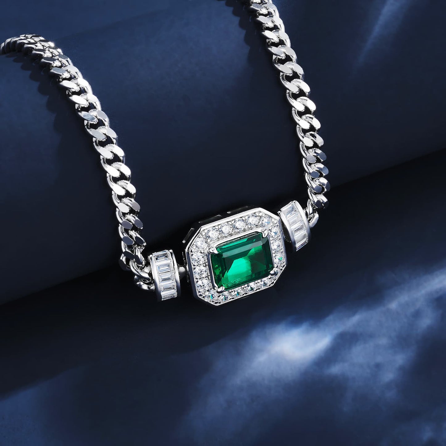 7*9mm 1.83 Ct Rectangle  Lab Emerald Set| Rhodium-Plated S925 Silver, Custom Available