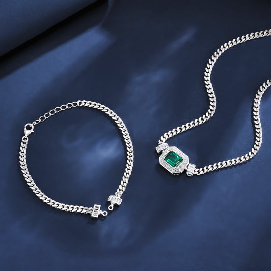 7*9mm 1.83 Ct Rectangle  Lab Emerald Set| Rhodium-Plated S925 Silver, Custom Available