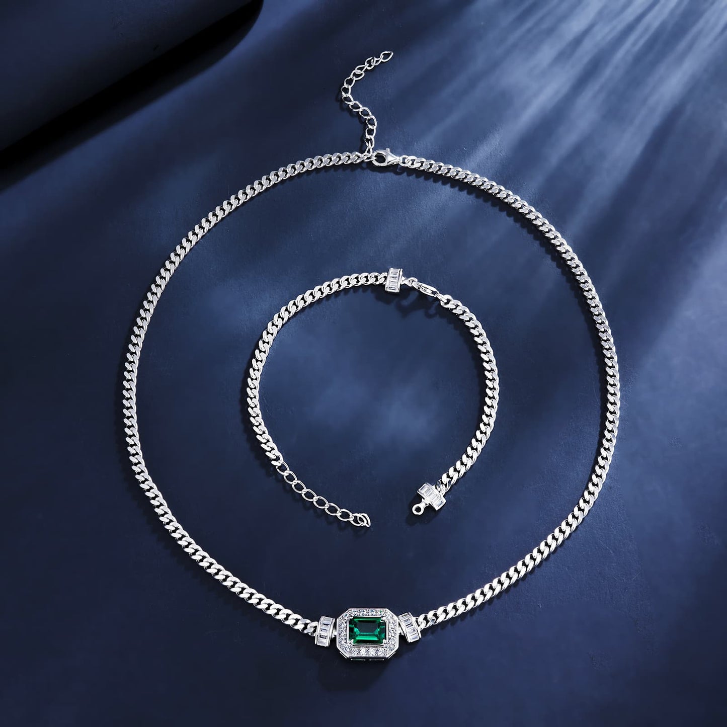 7*9mm 1.83 Ct Rectangle  Lab Emerald Set| Rhodium-Plated S925 Silver, Custom Available