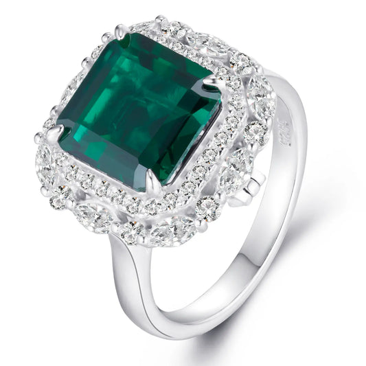 3.58 Ct Square Emerald Cut Lab  Emerald Ring | Rhodium-Plated S925 Silver, Custom Available