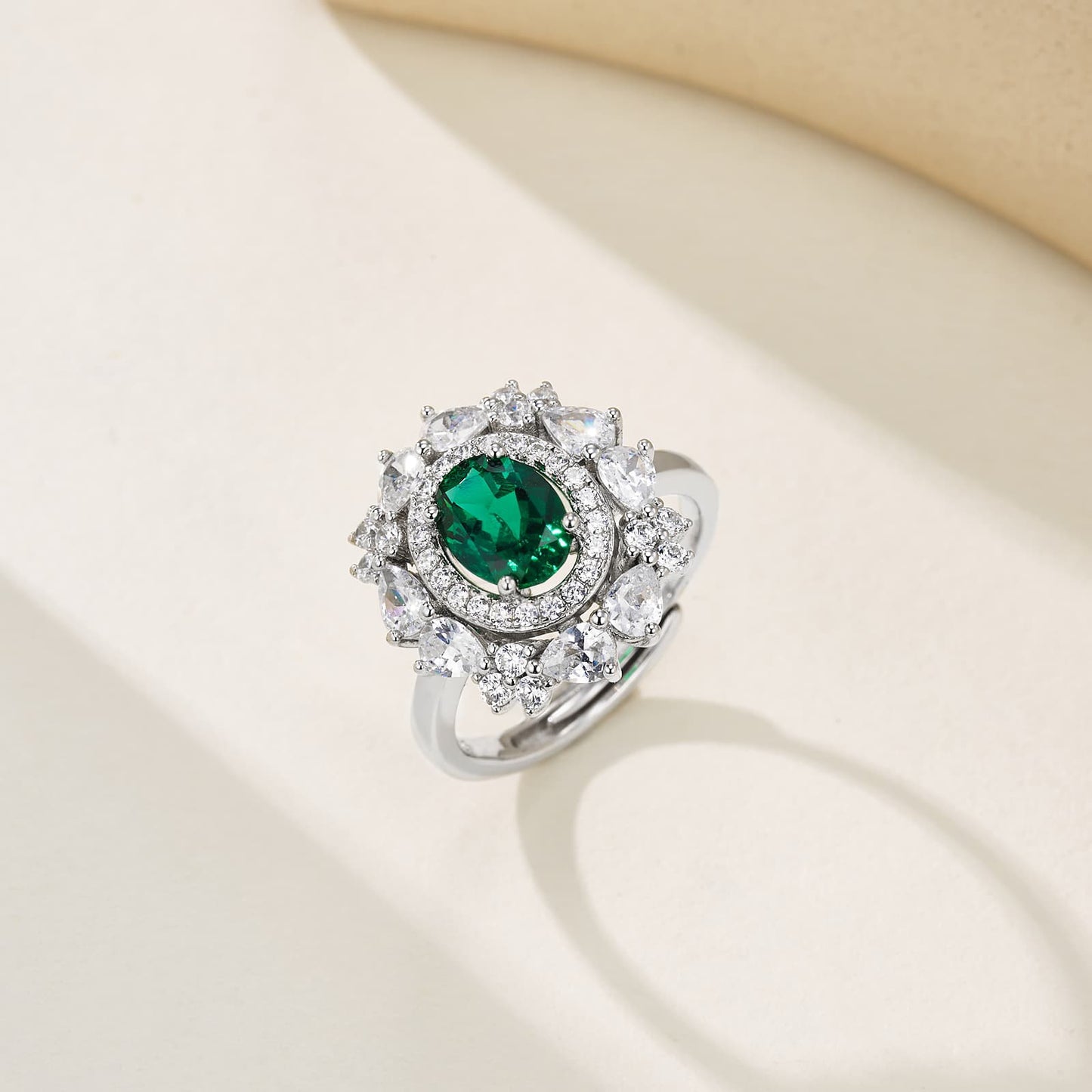 1.05 Ct Oval Lab Emerald Ring | Rhodium-Plated S925 Silver, Custom Available
