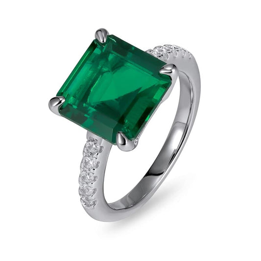 3.8 Ct Square Lab Emerald Ring | Rhodium-Plated S925 Silver, Custom Available