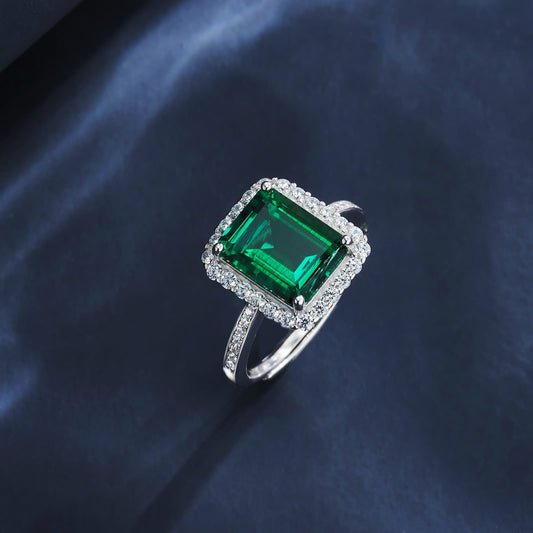 8*10mm 2.5Ct Rectangle Lab Emerald Ring | Rhodium-Plated S925 Silver, Custom Available