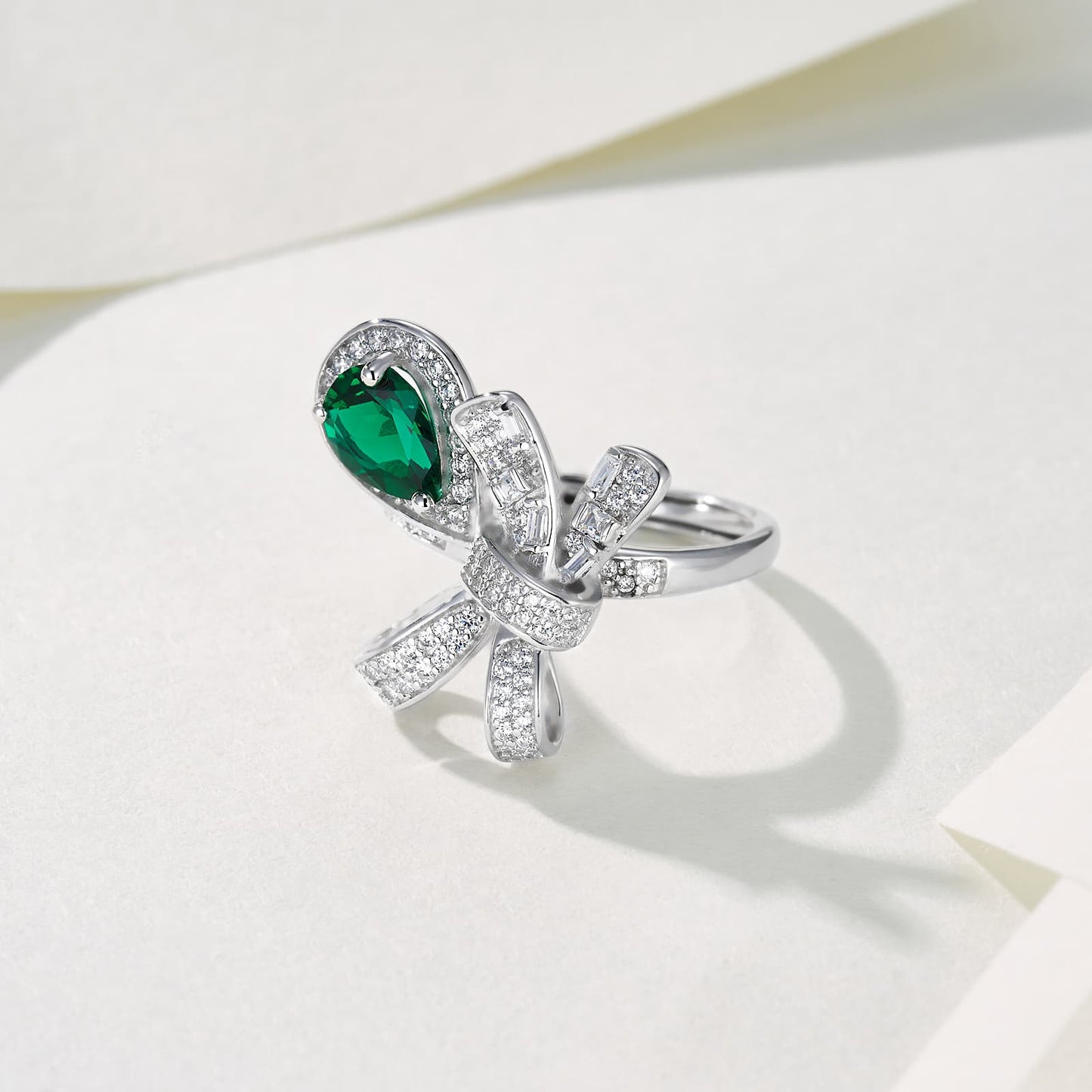 6*8mm 1Ct Pear Shaped Lab Emerald Ring | Rhodium-Plated S925 Silver, Custom Available