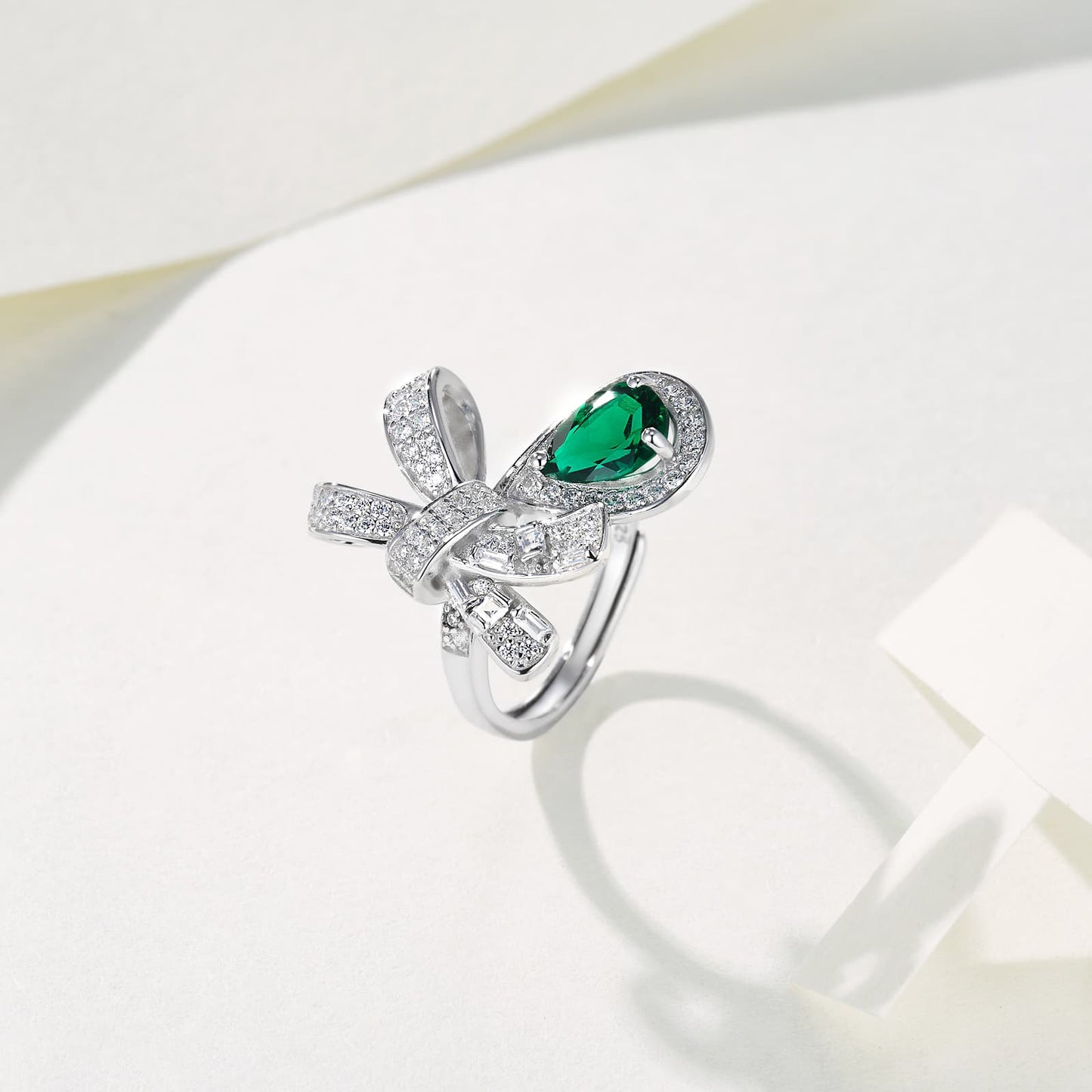 6*8mm 1Ct Pear Shaped Lab Emerald Ring | Rhodium-Plated S925 Silver, Custom Available