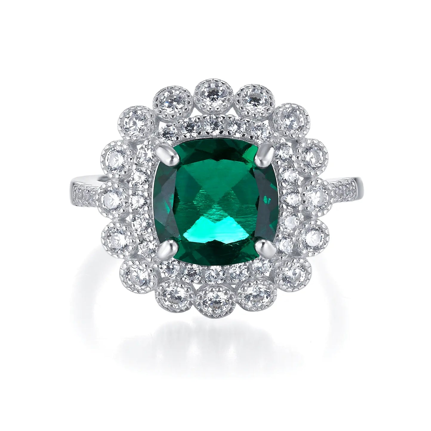 2.1 Ct Square Lab Emerald Ring | Rhodium-Plated S925 Silver, Custom Available