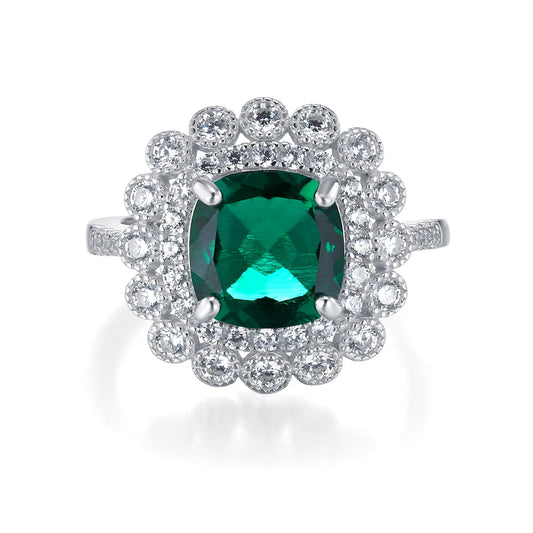 2.1 Ct Square Lab Emerald Ring | Rhodium-Plated S925 Silver, Custom Available