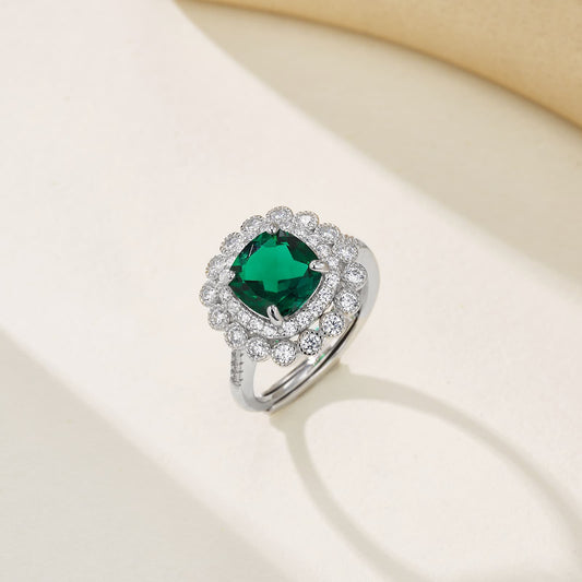 2.1 Ct Square Lab Emerald Ring | Rhodium-Plated S925 Silver, Custom Available