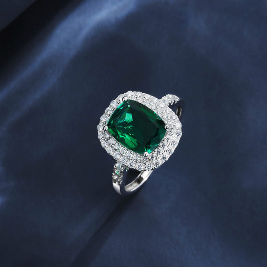 8*10mm 2.5Ct Rectangle Lab Emerald Ring | Rhodium-Plated S925 Silver, Custom Available
