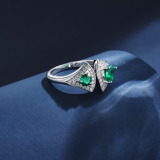 5*7mm Pear Shaped and 4*4mm Round  Lab Emerald Ring | Rhodium-Plated S925 Silver, Custom Available