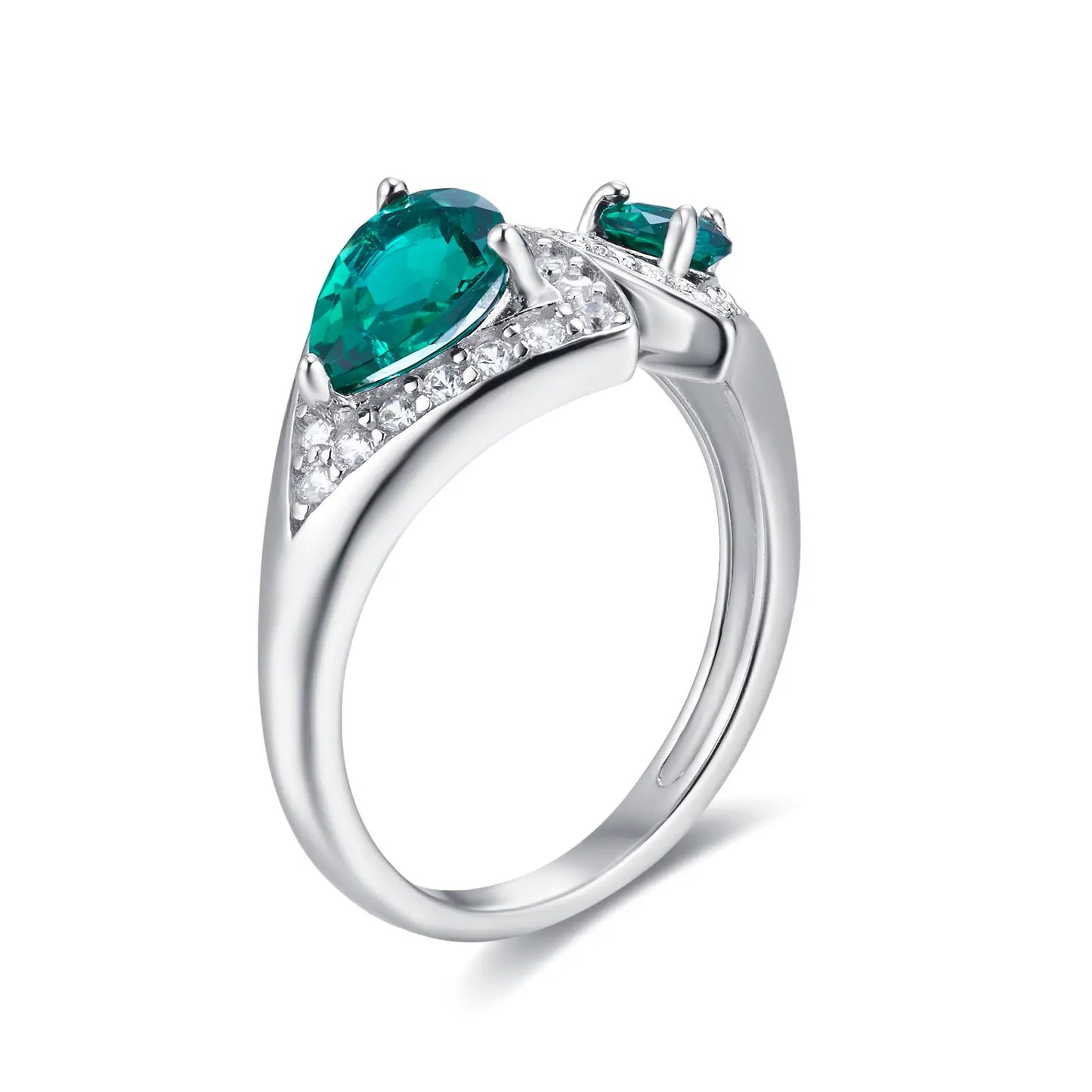 5*7mm Pear Shaped and 4*4mm Round  Lab Emerald Ring | Rhodium-Plated S925 Silver, Custom Available