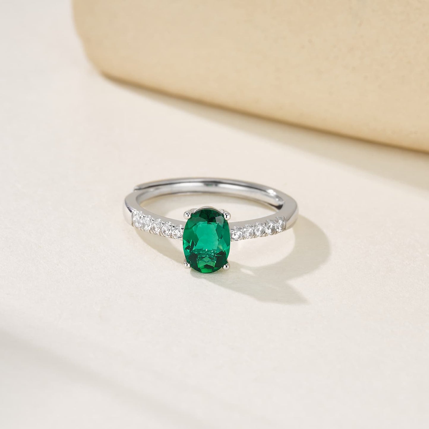 0.85 Ct Oval Lab Emerald Ring | Rhodium-Plated S925 Silver, Custom Available