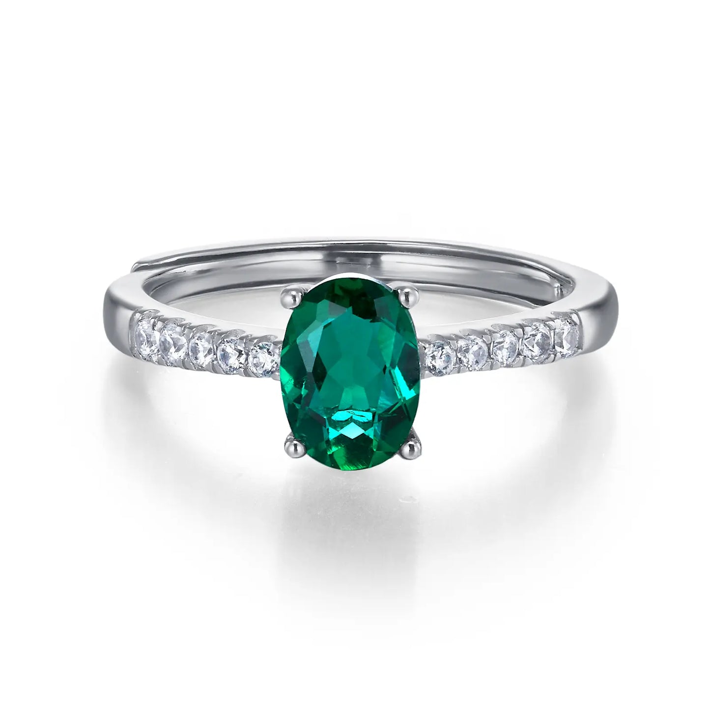0.85 Ct Oval Lab Emerald Ring | Rhodium-Plated S925 Silver, Custom Available