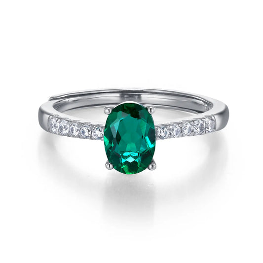 0.85 Ct Oval Lab Emerald Ring | Rhodium-Plated S925 Silver, Custom Available