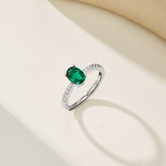 0.85 Ct Oval Lab Emerald Ring | Rhodium-Plated S925 Silver, Custom Available