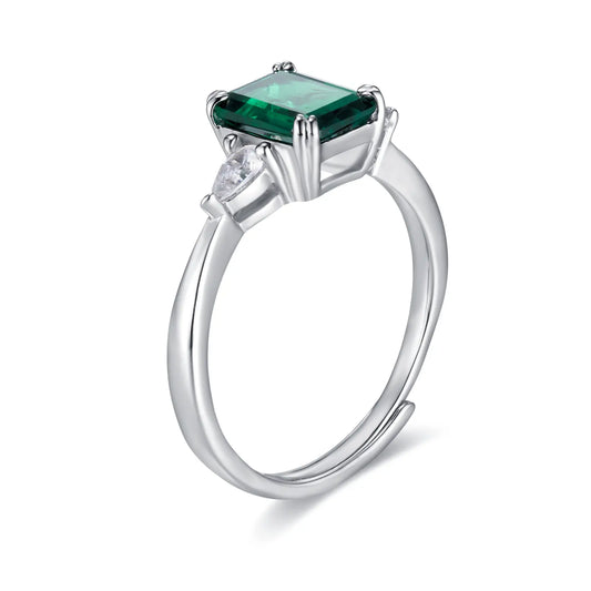 1.23 Ct Rectangle Lab Emerald Ring | Rhodium-Plated S925 Silver, Custom Available