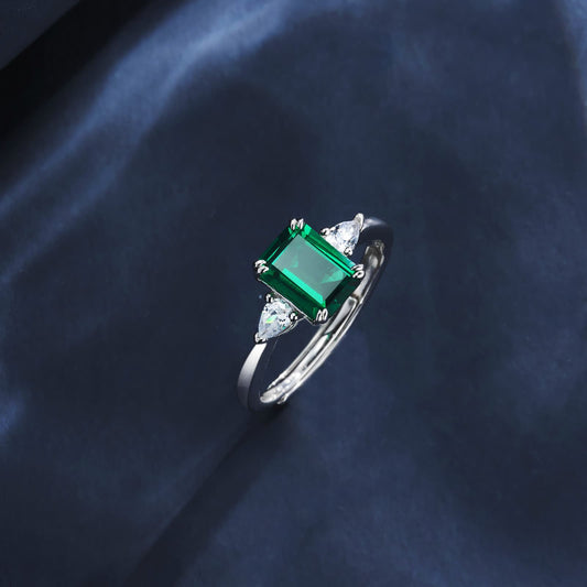 1.23 Ct Rectangle Lab Emerald Ring | Rhodium-Plated S925 Silver, Custom Available