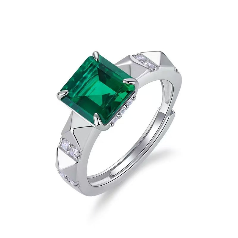 8*8mm Square Lab Emerald Ring | Rhodium-Plated S925 Silver, Custom Available