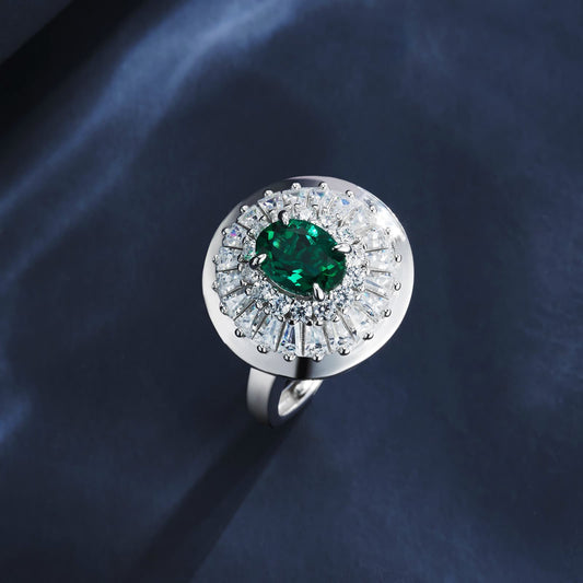 6*8mm 1.5Ct Oval Lab Emerald Ring | Rhodium-Plated S925 Silver, Custom Available
