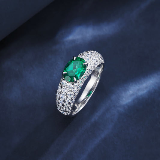 6*8mm Oval Lab Emerald Ring | Rhodium-Plated S925 Silver, Custom Available