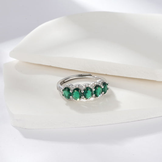 Oval  Lab Emerald Ring | Rhodium-Plated S925 Silver, Custom Available