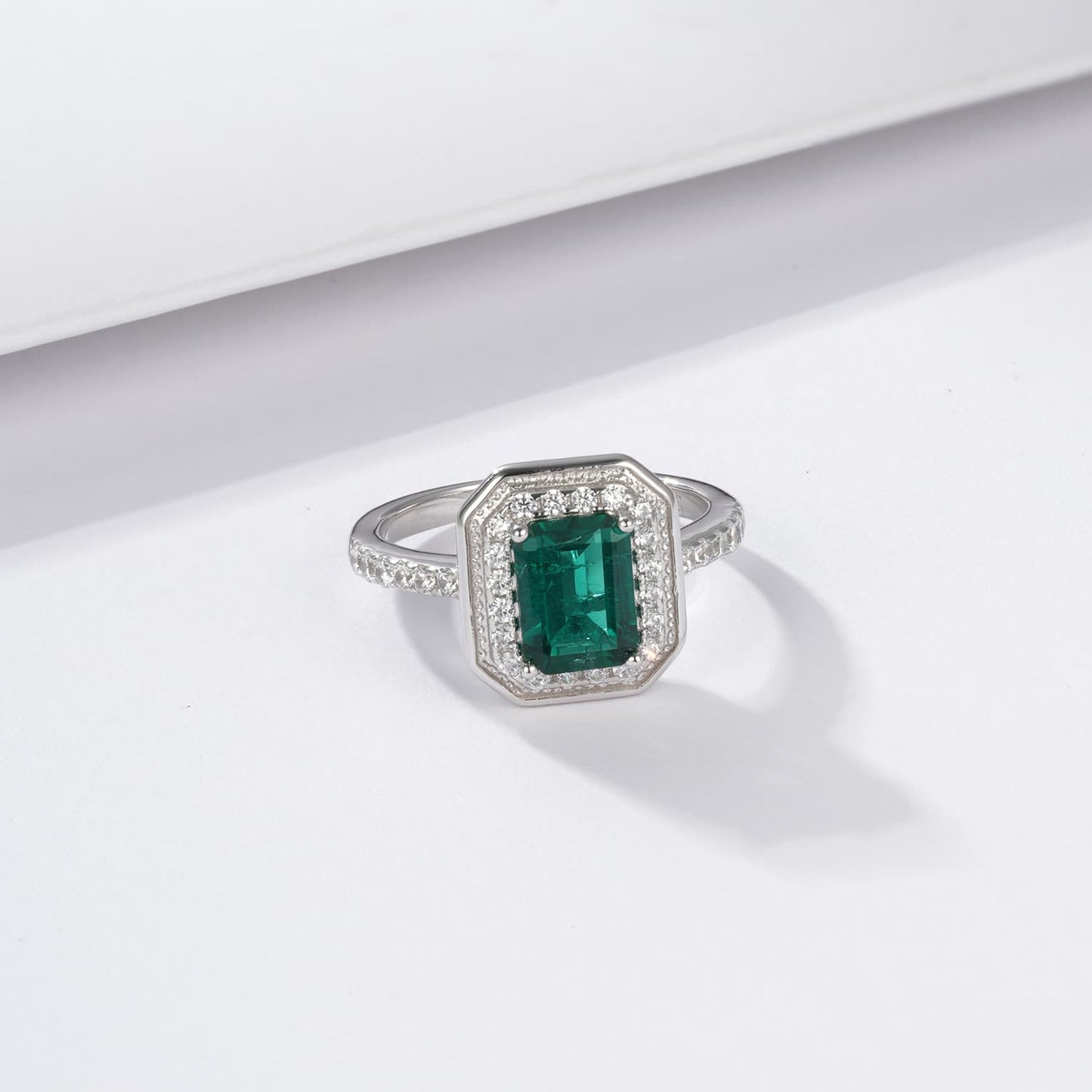 6*8 mm 1.2 Ct Rectangle Lab Emerald Ring | Rhodium-Plated S925 Silver, Custom Available