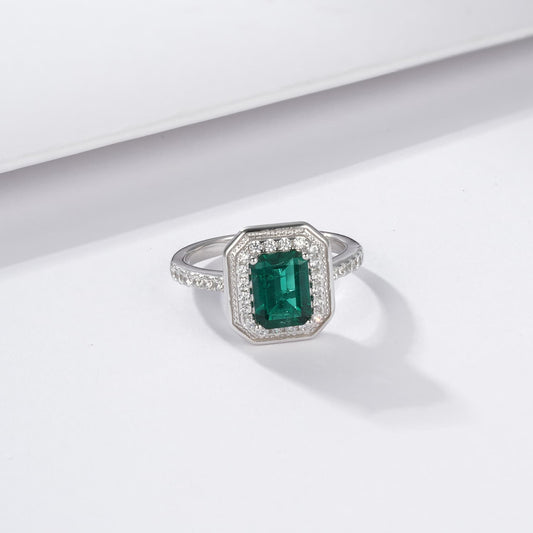 6*8 mm 1.2 Ct Rectangle Lab Emerald Ring | Rhodium-Plated S925 Silver, Custom Available