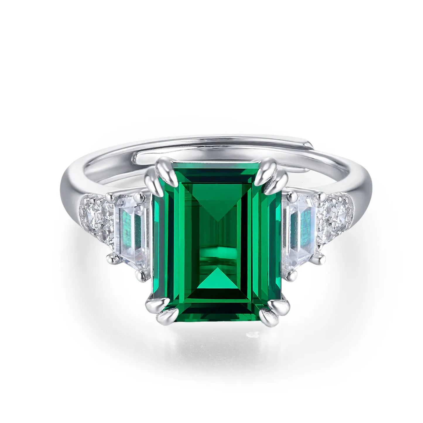 8*10mm 2.8Ct Rectangle Lab Emerald Ring | Rhodium-Plated S925 Silver, Custom Available