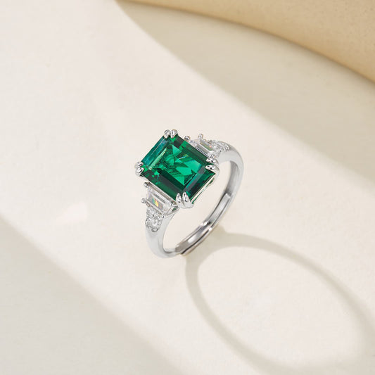 8*10mm 2.8Ct Rectangle Lab Emerald Ring | Rhodium-Plated S925 Silver, Custom Available