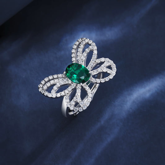6*8mm 1Ct Oval Lab Emerald Ring | Rhodium-Plated S925 Silver, Custom Available