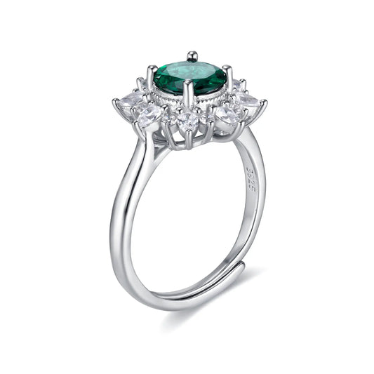 Round Lab Emerald Ring | Rhodium-Plated S925 Silver, Custom Available