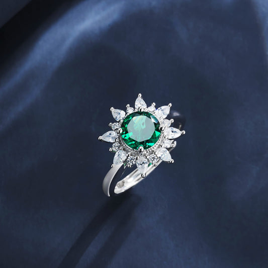 3.41 Ct Round Lab Emerald Ring | Rhodium-Plated S925 Silver, Custom Available