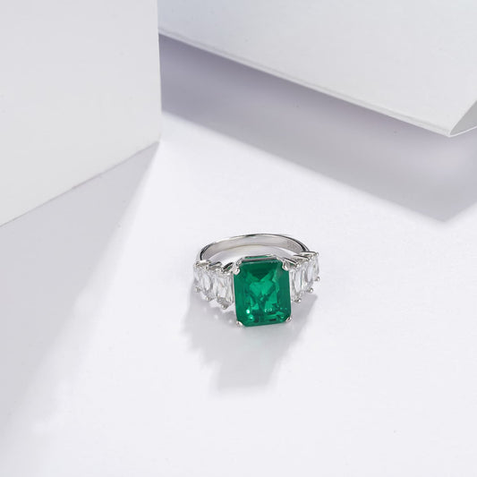 9*11 mm 3.88Ct Rectangle Lab Emerald Ring | Rhodium-Plated S925 Silver, Custom Available