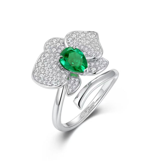 6*8mm 0.92Ct Pear Shaped Lab Emerald Ring | Rhodium-Plated S925 Silver, Custom Available