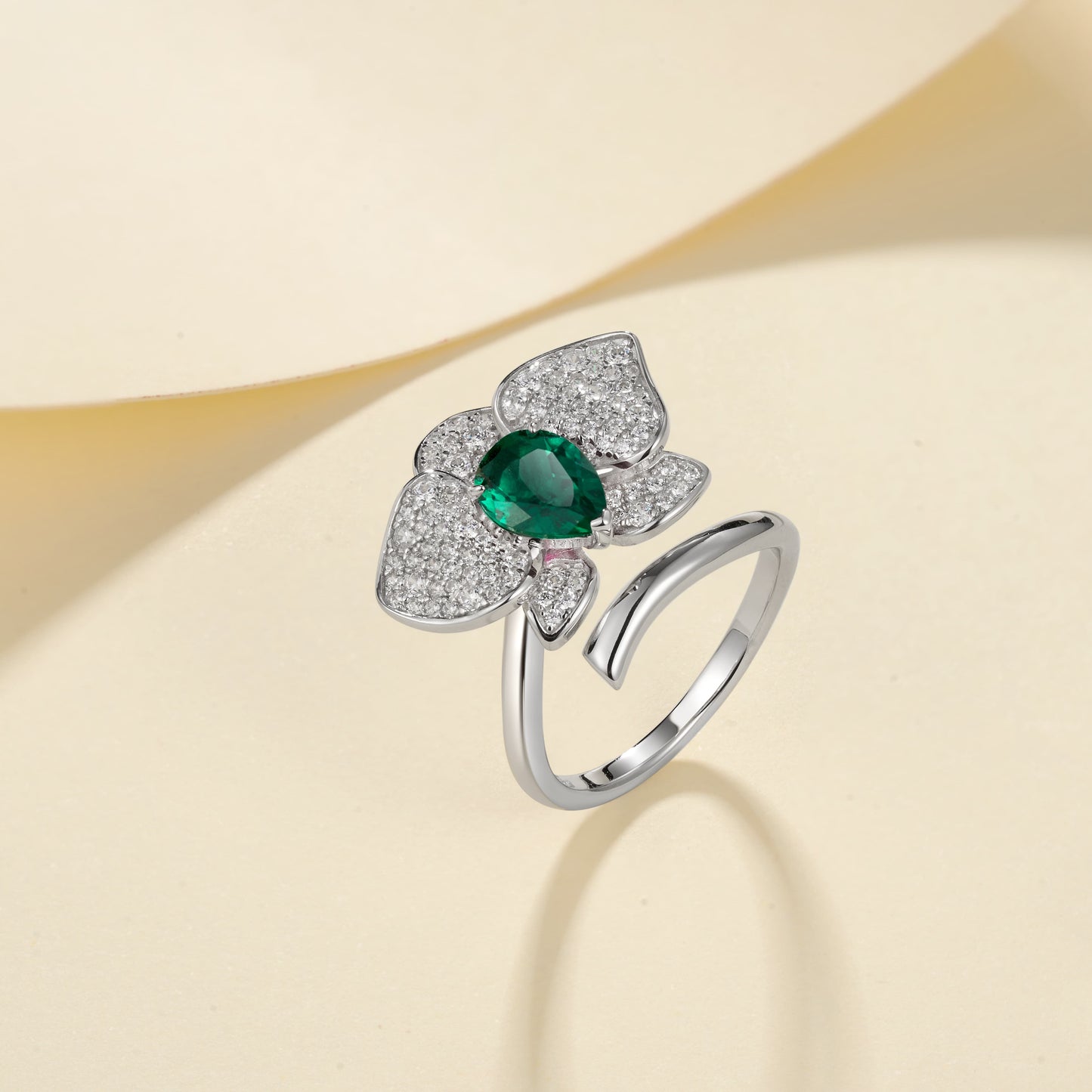 6*8mm 0.92Ct Pear Shaped Lab Emerald Ring | Rhodium-Plated S925 Silver, Custom Available