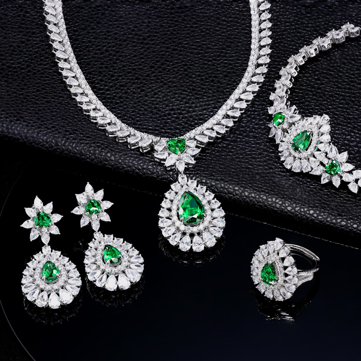 Pear Shape Lab Emerald S925 Set | Silver Jewelry, Custom Available