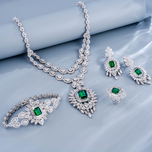 Rectangle Lab Emerald S925 Set | Silver Jewelry, Custom Available