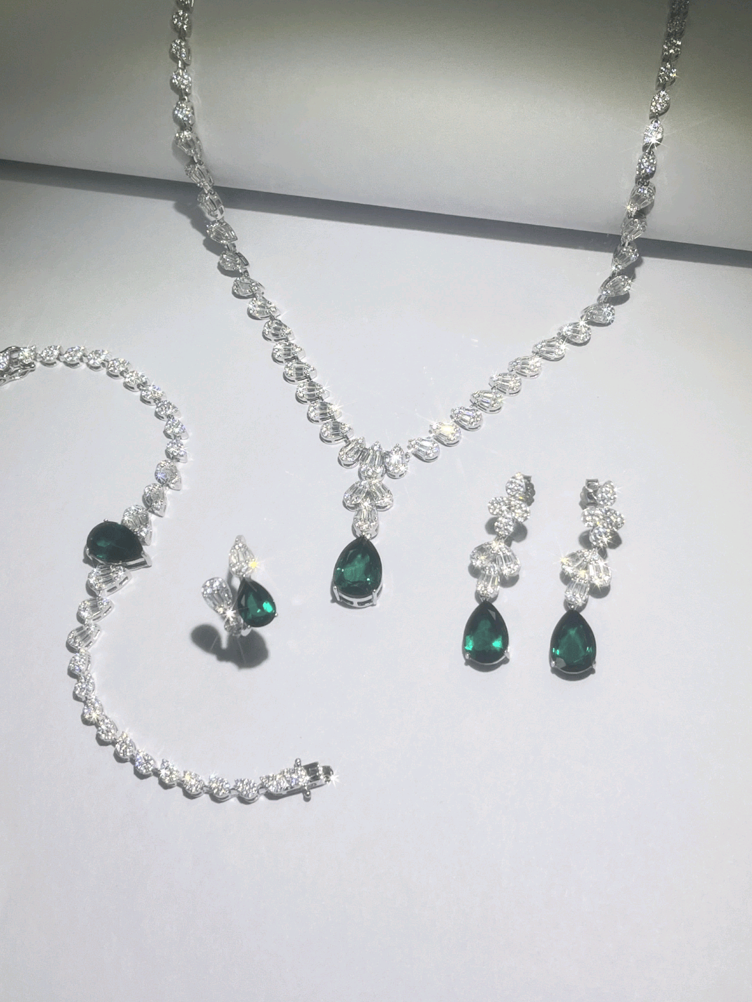 Pear Shaped Lab Emerald S925 Set | Silver Jewelry, Custom Available
